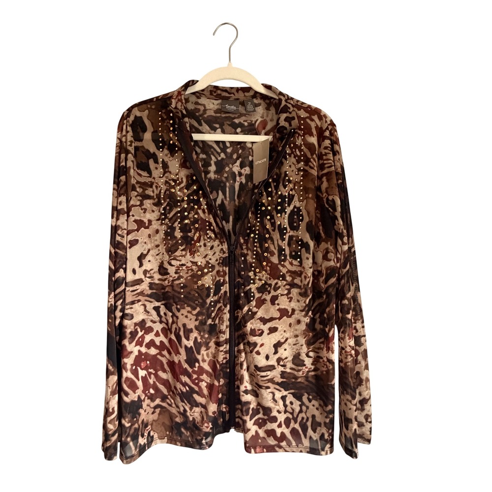 Chicos Travelers Collection Mesh Zip Front Jacket Animal Print Studded Brown 2 L